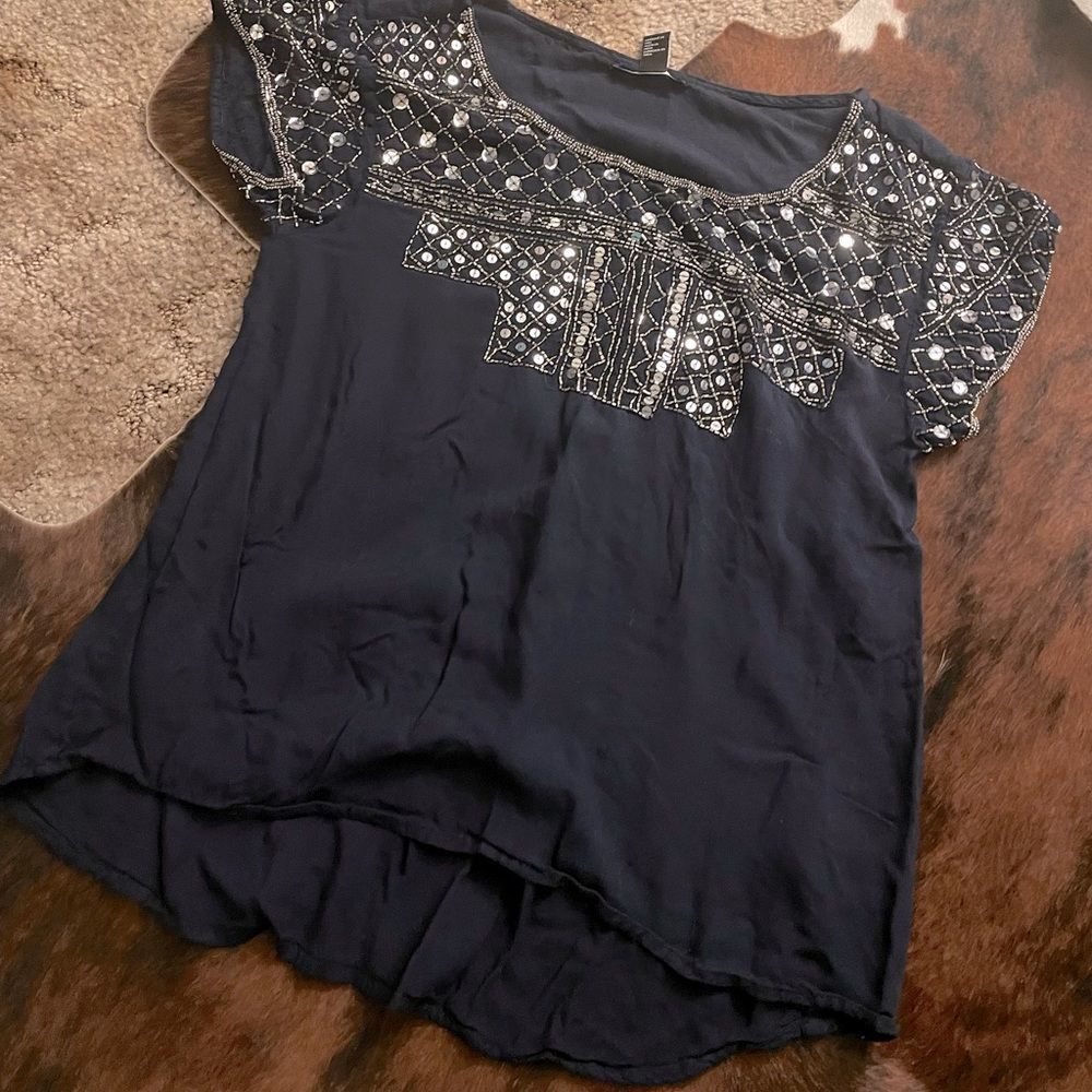 Forever 21 Navy Silver Sequined Tunic High Low Cut